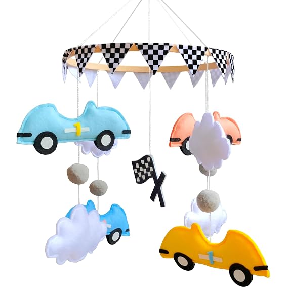 Felt Race Car Baby Crib Mobile, Wooden Hanging Nursery Decor for Baby Boys