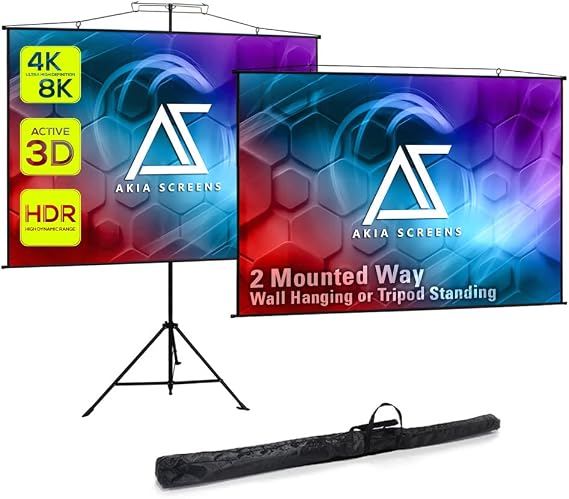 Akia Screens 2-in-1 110" Portable Projector Screen with Stand & Carry Bag, 4:3/16:9 Retractable, Tripod or Wall Mount, Indoor Outdoor Home Theater & Presentation, AK-T110VLITE
