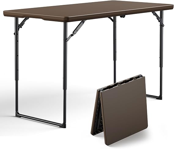 Folding Table 4FT Heavy Duty Plastic Table with Handle, Foldable&Portable, Fold-in-Half Utility Tables for Outdoor, Dining, Wedding, Events, Indoor, Picnic, Camping, Party, Brown
