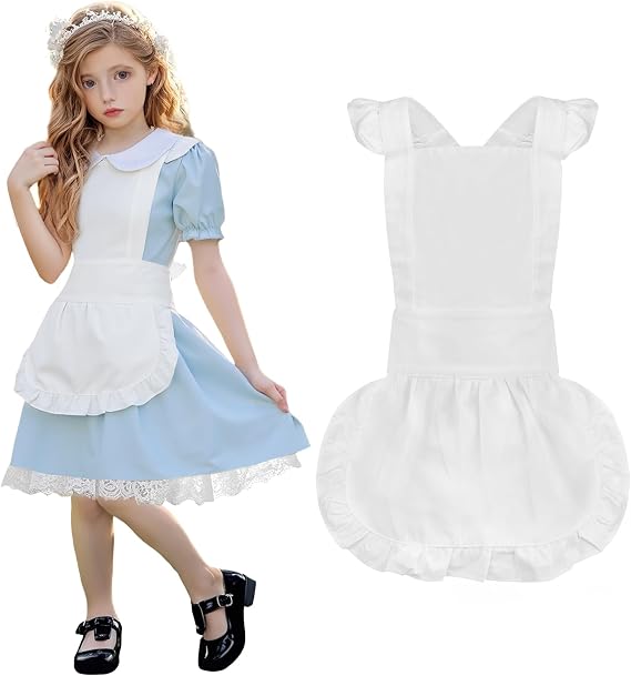 Aspire Retro Ruffle Apron Girls, White Cosplay Apron for Kid, Vintage Costume for Painting, Claying, Baking