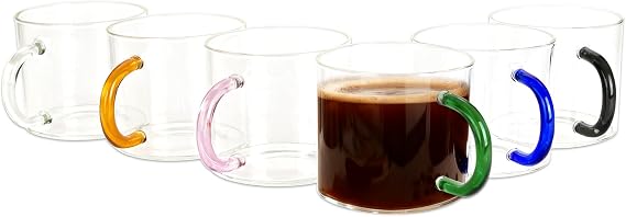 Glass Coffee Mugs with Handle - 10 OZ High Borosilicate Glass Coffee Cups - Transparent Tea Cup for Hot Cold Beverages, Glassware Set for Americano, Latte, Cappuccino (Pastel Handle)