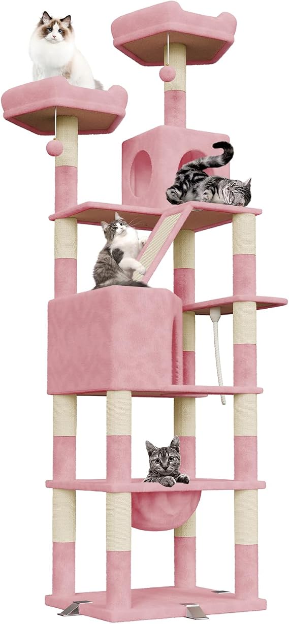 208 cm Cat Tree for Indoor Cats, Multi-Level Cat Tower for Large Cats with Sisal Scratching Posts, Large Plush Perches, Cat Condo, Scratching Ramp, Hammock, Stable Anti-Tip Cat Climbing Frame
