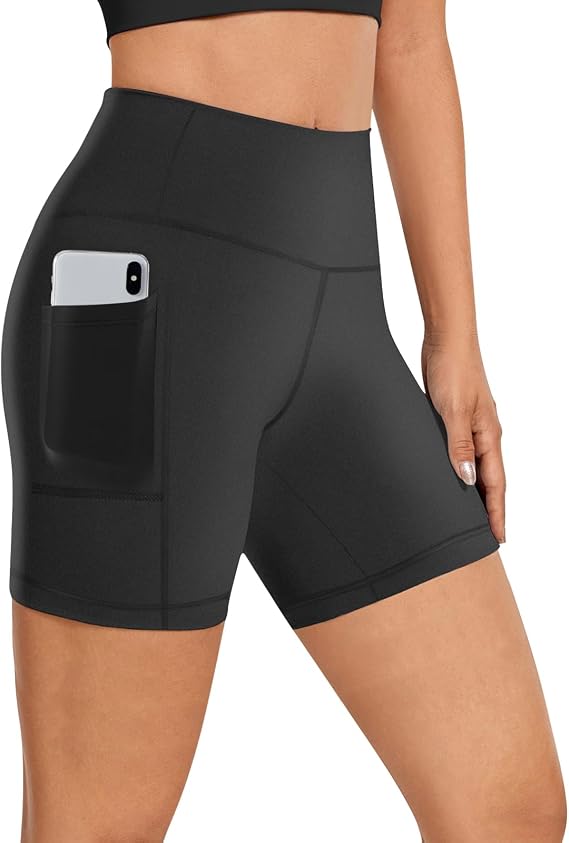 Womens 5 Biker Shorts with Pockets High Waisted Tummy Control Yoga Workout Gym Stretchy Spandex Shorts Leggings Compression Athletic Run Bicycle
