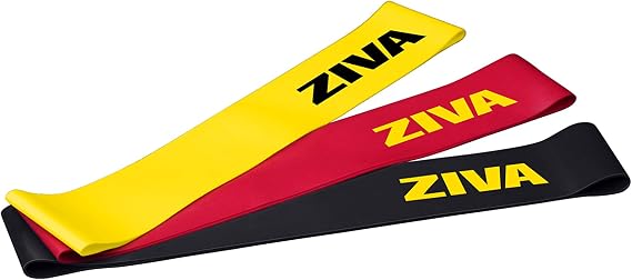 ZIVA Portable Lightweight Resistance Loop Bands, Exercise Bands for Home Fitness, Stretching, Strength Training, Physical Therapy, Crossfit, Balance Workouts Set of 3, Yellow + Red + Black, One Size
