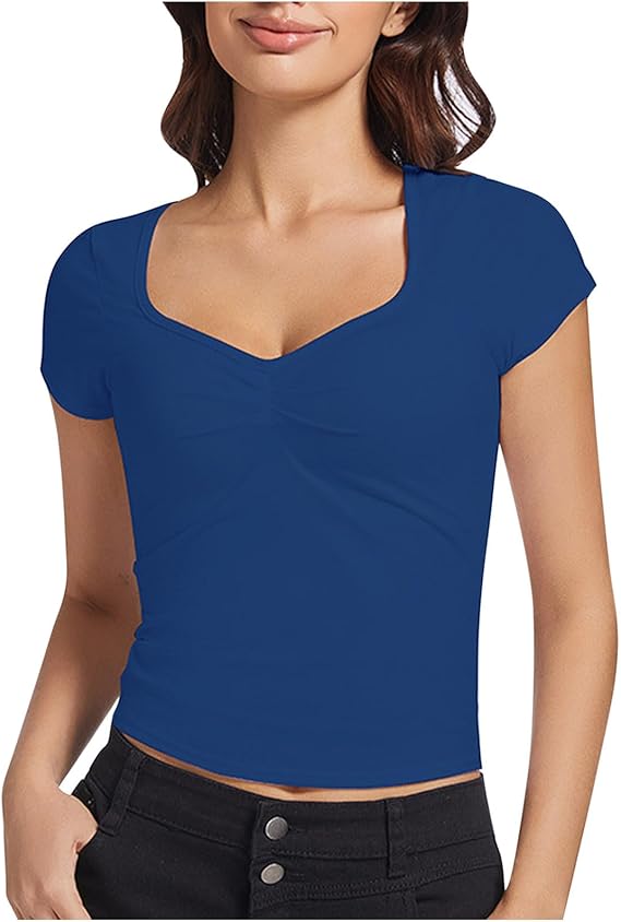 Womens Sexy Y2k Crop Tops Sweetheart Neck Short Sleeve Slim Fit Trendy Going Out Tops Cute Pleated Bustier T Shirts
