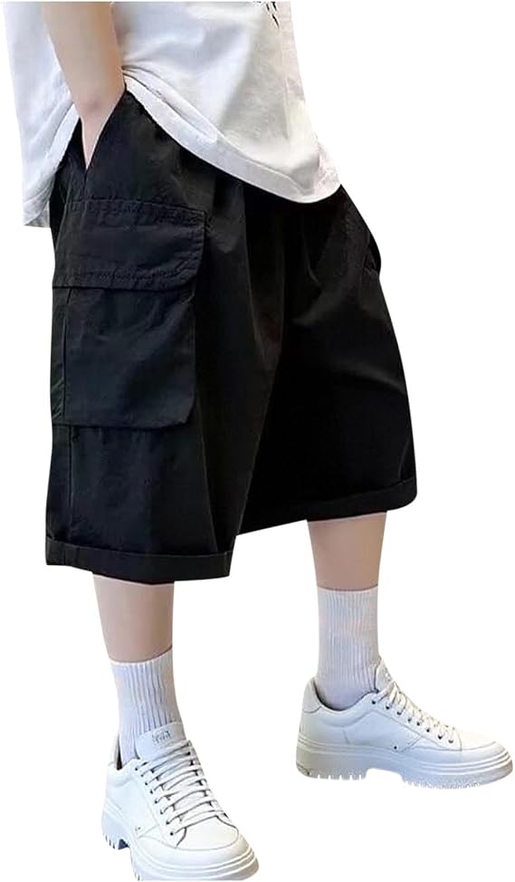 Boys Cargo Shorts Knee Length Wide Leg Bermuda Shorts Summer Casual Solid Elastic Waist Long Short Pants with Pockets