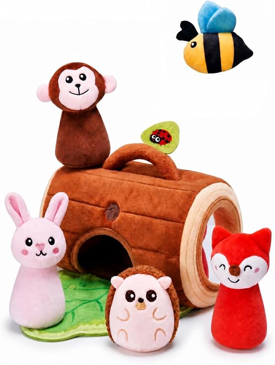 Baby Toys 6-12 Months, Woodland Stuffed Animals for Babies, Soft Plush Sensory Toy Set with Crinkle, Rattle, Mirror & Tree Stump Storage, Cause and Effect Baby Gifts for Boys Girls