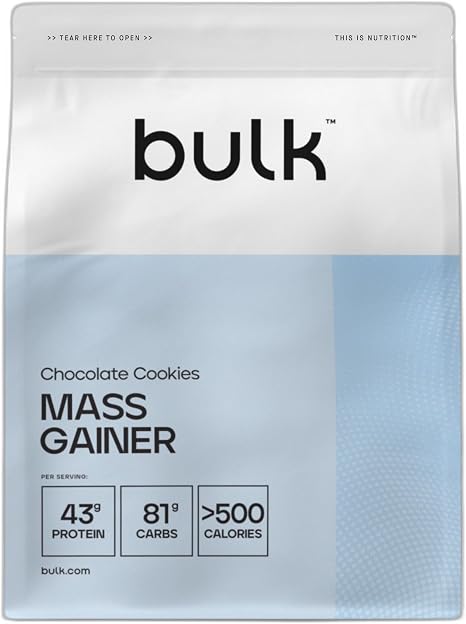 Bulk Complete Mass Gainer Chocolate Cookies 6 Servings 43 g Protein per Serving 81 g Carbohydrates 500 kcal per Serving Calorie Rich Gainer Supports Muscle Building and Maintenance