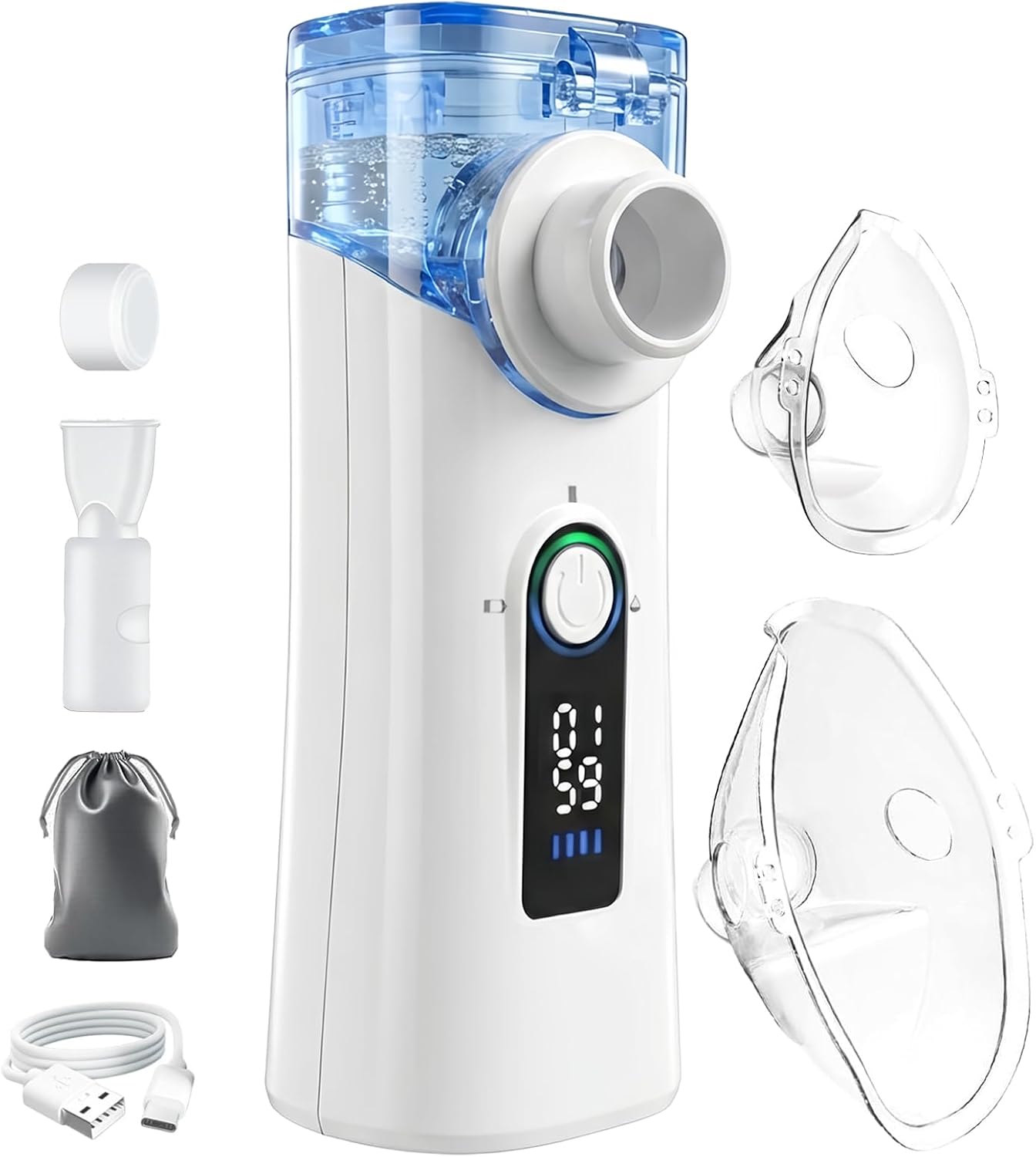 Portable Mesh Nebuliser, 25dB Ultra Quiet Handheld Respiratory Care Device, USB-C Rechargeable with Self-Cleaning Mode, BPA-Free Inhaler with Masks & Storage Bag for Adults, Kids, Home and Travel
