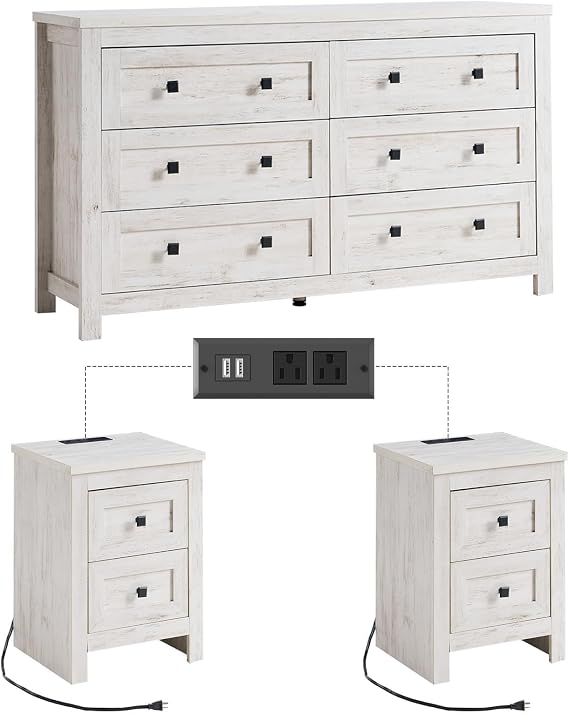 3-Piece Farmhouse Bedroom Set with 6-Dresser & Nightstands, White | 6 Drawer Dresser, End Table Set of 2, Charging Station, Rustic Wood Design, Bedroom Furniture Set
