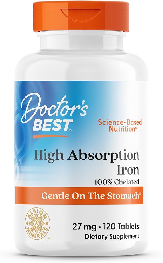 Doctor's Best Chelated Iron Supplement with Ferrochel for Men & Women - High Absorption, Gentle on Stomach, 27 mg, Immune Health Support, Iron as Ferrous Bisglycinate Chelate, Vegan - 120 Tablets