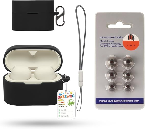 Black Silicone Case for Sony WF-1000XM6 Earbuds with S/M/L Ear Tips, Carabiner and Lanyard - Shockproof Dustproof Cover