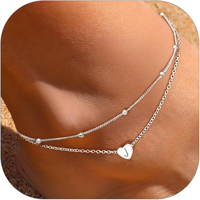 ChicSilver Sterling Silver Anklets for Women 925 Ankle Bracelets for Women Layered Heart Anklet With Beaded Anklets for Women