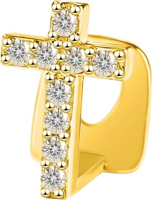 Diamond Grillz, Kucheed Bling Heart Cross Teeth Grills Cap, 18K Gold Plated Hip Hop Top Tooth Jewelry, Trendy CZ Dental Decoratio for Men Women, Shiny Rapper Costume Party Accessories