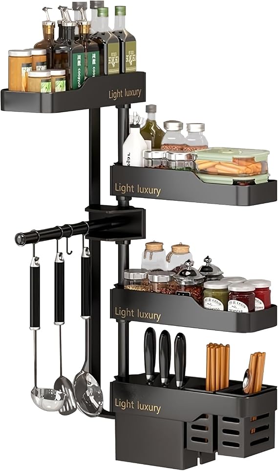 One-piece, 4-layer kitchen rotating spice rack, height adjustable, wall-mounted without drilling, for spatulas, knives, spice jars, made of aluminum, multi-layer spice rack, black, kitchen supplies