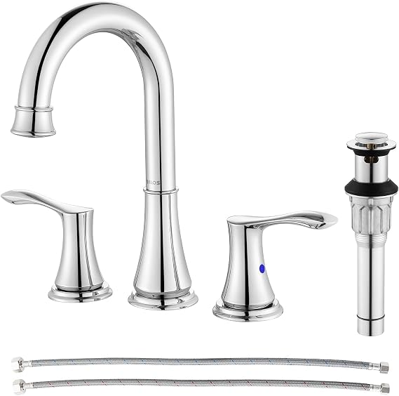 PARLOS Chrome Widespread Bathroom Sink Faucet 8 Inch for Vanity | with All Metal Pop Up Drain, High Arc 2 Handle Lead-Free Deck Mount Bathroom Faucet for 3 Hole Lavatory Utility Sink