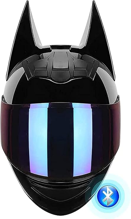 Personalized Cat Bat Ear Bluetooth Motorcycle Helmet Full Face Black Cool Adults Comfortable Breathable Locomotive Helmet, FMVSS-218 DOT Approved, All Seasons Scooter Moped Cruiser Jet Chopper Helmets