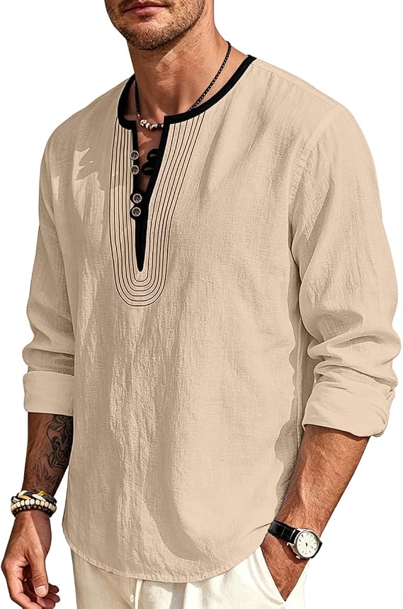 Mens Linen Shirts Henley T-Shirts Long Sleeve Tops Casual Beach T-Shirts Yoga Shirts for Men