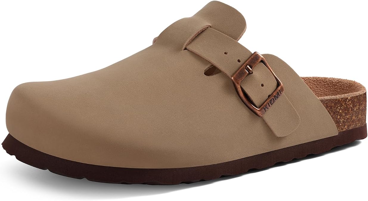 KIDMI Unisex Vegan Suede Clogs Leather Mules Womens Mens Cork Footbed Potato Shoes with Arch Support, New Taupe, Size 41