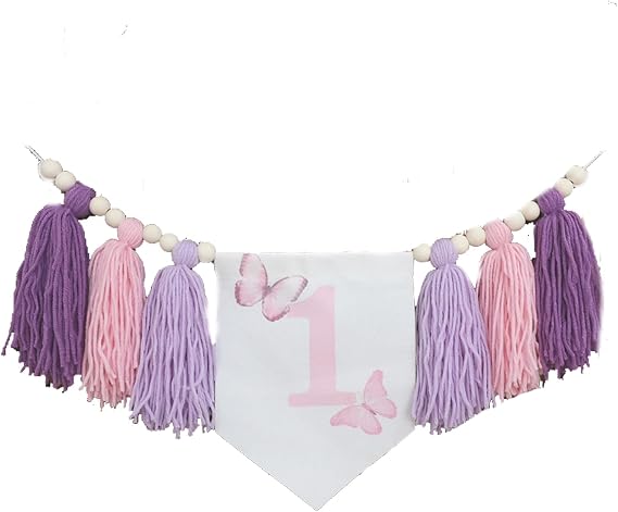 1st Birthday High Chair Banner, Highchair Banner | 1st Birthday Banner, 1st Birthday Party Decoration, 1st Birthday Party Supplies (Purple Butterfly)