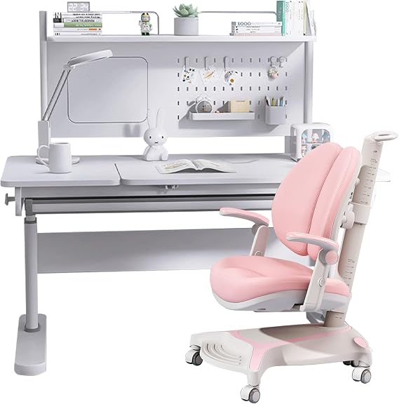 FCD Ergonomic Wood Adjustable Height Kids Study Desk with Chair Drafting Table Computer Station Built-in Bookshelf (Desk with Chair, Pink)