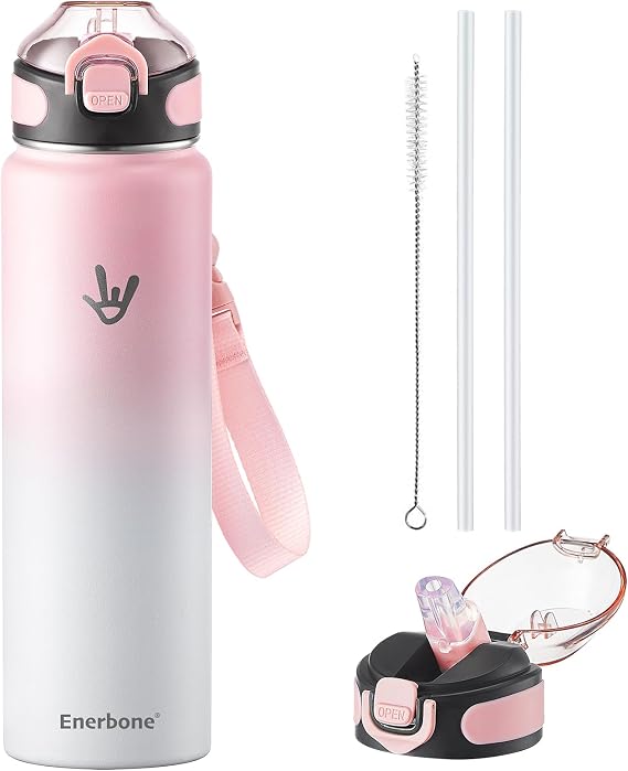 Enerbone 32 oz Insulated Water Bottle, Stainless Steel Bottle with Carrying Strap, Double-Wall Vacuum Insulation Design, Leakproof Sports Bottle with Straw, Keep Drinks Cold or Hot for Hours