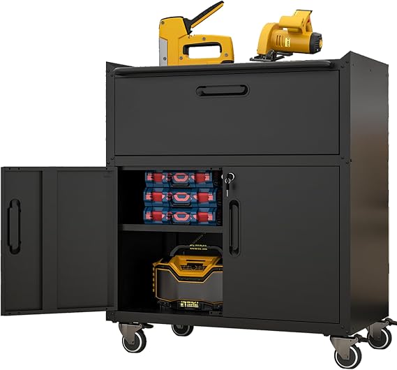 IKIMI Mobile Tool Storage Cabinet with 1 Drawer and 2 Doors,Heavy Duty Rolling Tool Chest for Garage Organization,Metal Storage Cabinets on Wheels,Assembly Required