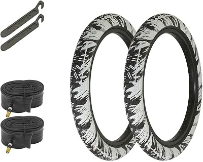 Bicycle 20 x 2.35 Black White Camo Mix 2 Tires WTubes & Nylon Levers AL-4602 Semi-Slick BMX Style Tread | Two Tire  Two Standard Tube  Two Nylon Lever