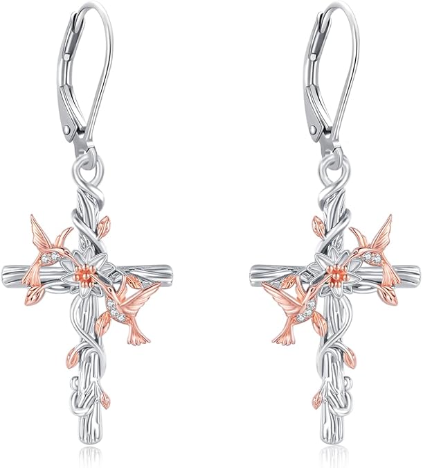 925 Sterling Silver Female Hummingbird Earrings With Cross Heart Flower Earrings 0.93 Inches Great Gift For Women Mothers Daughters Etc.