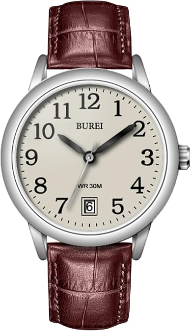 BUREI Women's Black Fashion Leather Strap Watch, Simple Luminous Nurse Watches, Unisex Watch (Silver Brown, 25mm)
