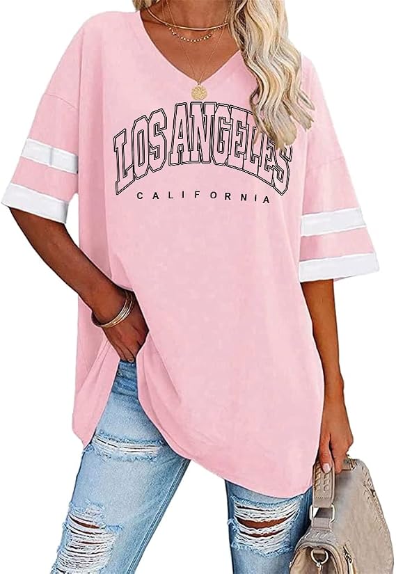 Tomwell Women's Los Angeles Letter T-Shirt with V-Neck Oversize Tops