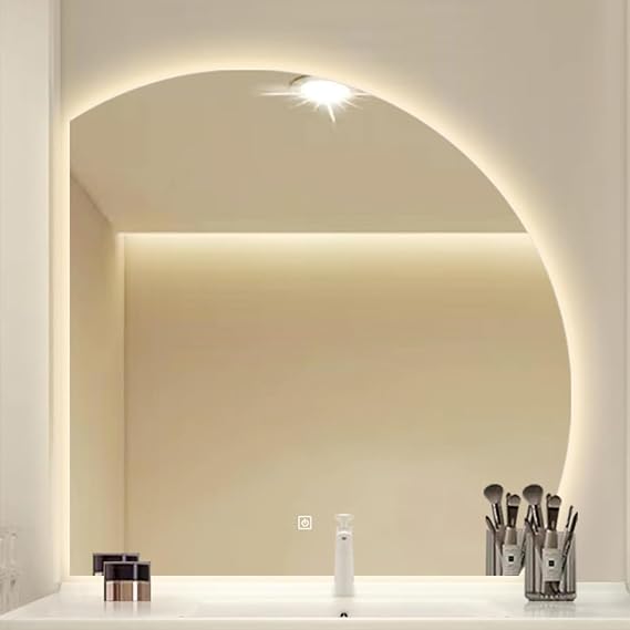 Half Circle Mirror, Semi Circle Mirror with Lights, Smart Mirror Bathroom, Large Irregular Frameless Vanity Mirror 3-Color Dimmable 60 cm