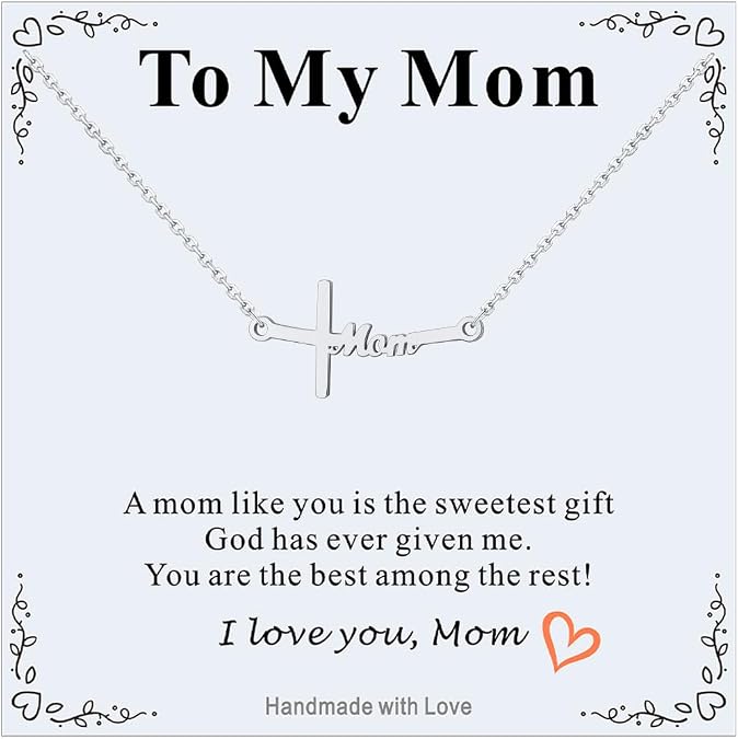 FaithHeart Stainless Steel Small Mom Cross Necklace for Women - Silver/Gold Dainty Faith Christian Pendant Necklaces with Message Card, Religious Jewelry Gifts for Mother Birthday