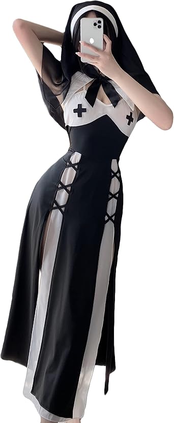 JasmyGirls Nun Costume Sexy Cosplay Lingerie Halloween Anime Maid Outfit Goth Devil Roleplay Naughty Succubus Adult Fancy Dress Up