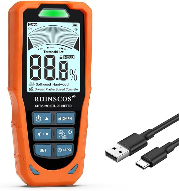 RDINSCOS Pinless Moisture Meter, 6 Modes for Wood, Drywall, Concrete