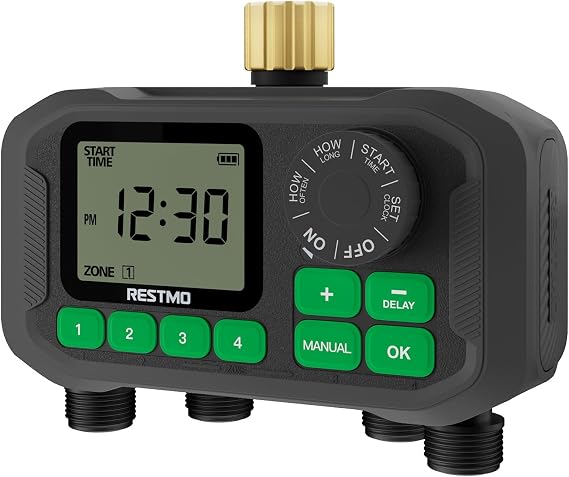 RESTMO Sprinkler Timer for Outdoor Hose Faucet, 4 Zone Watering Timer