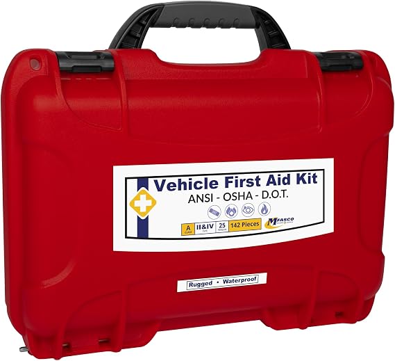 MFASCO Deluxe Class A First Aid Kit| DOT, ANSI/OSHA Compliant | Waterproof | Packed in a Rugged, Waterproof, Indestructible Case, Compartmental Bag, Durable, Red Plastic Kit, OSHA Type II & IV Container