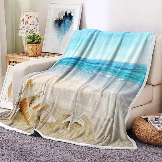 JAWO Beach Throw Blanket, Blue Ocean Beach Decor Travel Blanket, Cozy Microfiber Warm Flannel Blankets and Throws for Couch Sofa Bedding Living Room 30x40 Inches