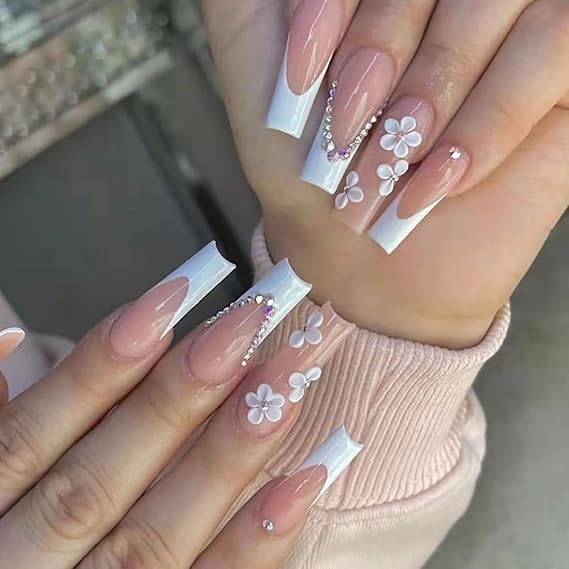 French White Press on Nails - 24 PCS Flower Fake Nails Long Coffin False Nails with Rhinestones Designs Stick on Nails for Women Girls Party Salon