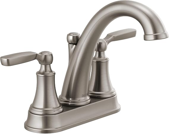 Delta Woodhurst Centerset Brushed Nickel Bathroom Faucet, 4 Inch 3 Hole Bathroom Sink Faucet for Vanity, Metal Push-Pop Drain Assembly, Stainless 2532LF-SSMPU