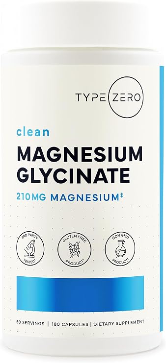 Type Zero Magnesium Glycinate (210mg) 180 Capsules, Gluten-Free, GMO-Free