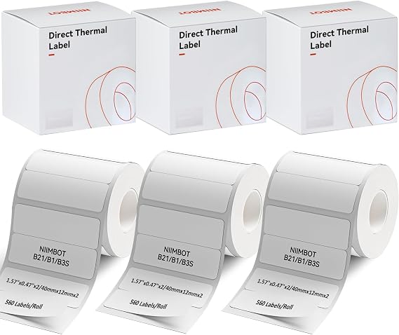 NIIMBOT Labels for B1/B21/B3S/K3 Label Maker, (3 Rolls, 1.57'' x 0.47'' / 40x12mm) Thermal Sticker Label, Waterproof, Oil-Proof and Tear-Proof, Self-Adhesive Thermal Labels (White)