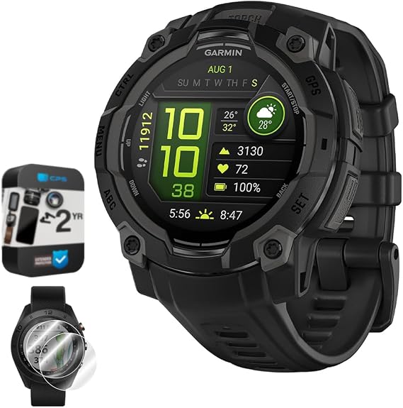 Garmin Instinct 3-45 mm Outdoor GPS Smartwatch, AMOLED, Black with Black Band 010-02936-00 Bundle with 2 YR CPS Enhanced Protection Pack & Deco Essentials 2X Screen Protector