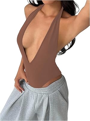 Milumia Womens Deep V Neck Halter Bodysuit Sexy Backless Slim Fit Going Out Top