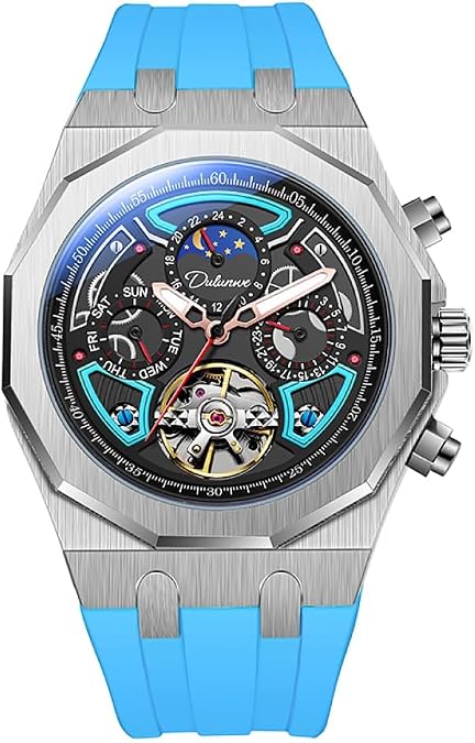Men Sport Tourbillon Automatic Mechanical Watches Multifunction Dial Moon Phase Week Date Display Watch Stainless Steel Case Rubber Strap Luminous Watches