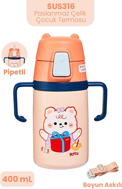 400 ML 316L Paslanmaz Çelik Pipetli Çocuk Termosu Taşıma Kulplu Askılı Çift Duvar -FFR400ML4011 Turuncu