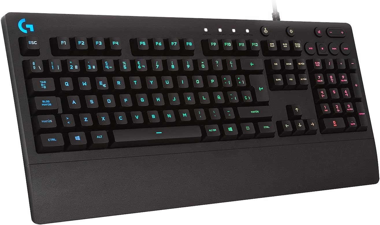 Logitech G213 Gaming Keyboard Prodigy RGB lighting programmable G-keys multimedia controls integrated palm rest splashproof Spanish QWERTY layout - Black