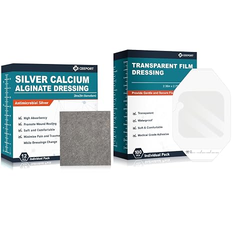 Ceeport Silver Calcium Alginate Dressing (2''x2''12pcs) +Transparent Film Dressing (2.36" x 2.75" 100Pcs)