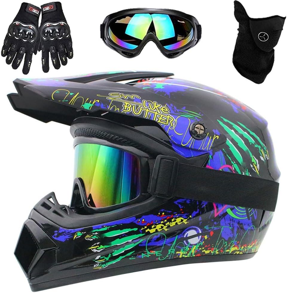 DOT Certified Full Face Dirt Bike Helmet for Kids Youth Adults Motocross Helmet with Mask Goggles Gloves SetBlue claw,M54-55cm