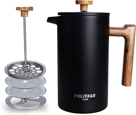 POLIVIAR French Press Coffee Maker, 34 Ounce Coffee Press with Real Wood Handle, Double Wall Insulation & Dual- Filter Screen, Food Grade Stainless Steel for Good Coffee and Tea (Vintage)